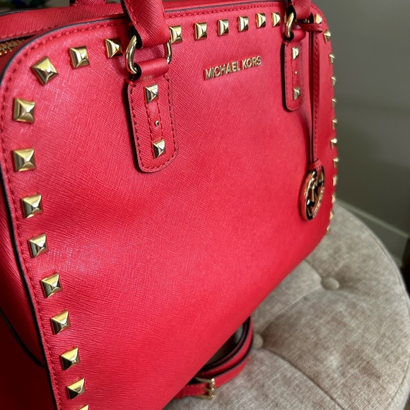 MICHAEL KORS Sandrine Gold Studded Satchel‎ Shoulder Bag/Purse Red - Picture 6 of 13
